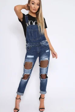 Rebellious Fashion Dark Denim Fishnet Dungarees - Aily