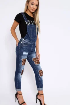 Rebellious Fashion Dark Denim Fishnet Dungarees - Aily