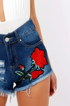Rebellious Fashion Dark Denim Frayed Ripped Applique Shorts - Rayleigh