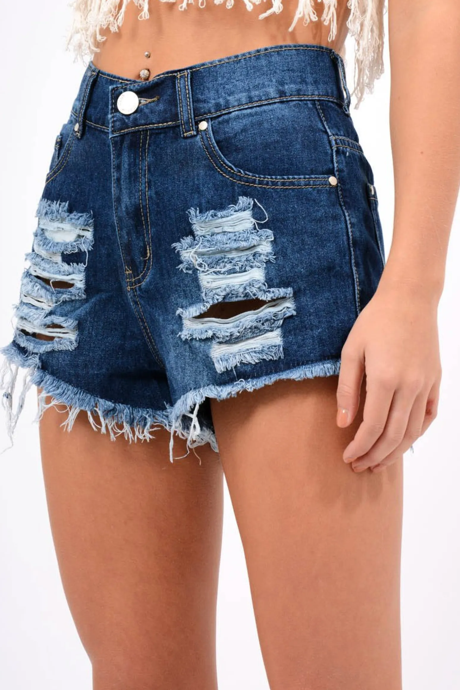 Rebellious Fashion Dark Denim High Waisted Distressed Shorts - Latifa