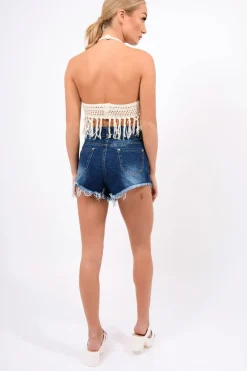 Rebellious Fashion Dark Denim High Waisted Distressed Shorts - Latifa