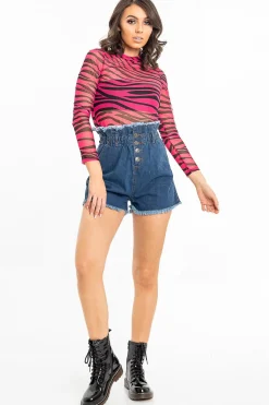 Rebellious Fashion Dark Denim High Waist Frilled Hem Paperbag Shorts - Raivyn