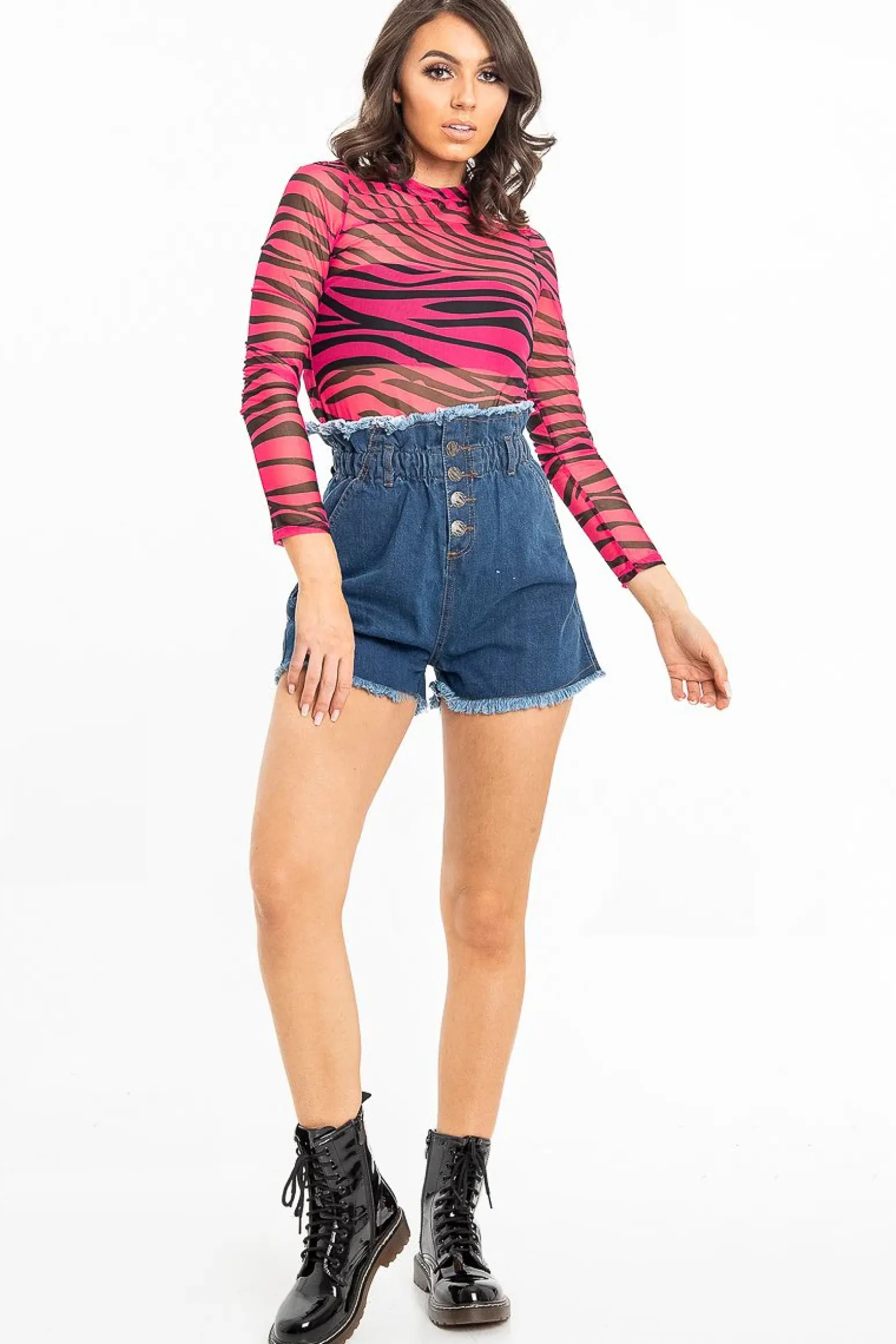 Rebellious Fashion Dark Denim High Waist Frilled Hem Paperbag Shorts - Raivyn