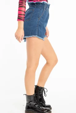 Rebellious Fashion Dark Denim High Waist Frilled Hem Paperbag Shorts - Raivyn