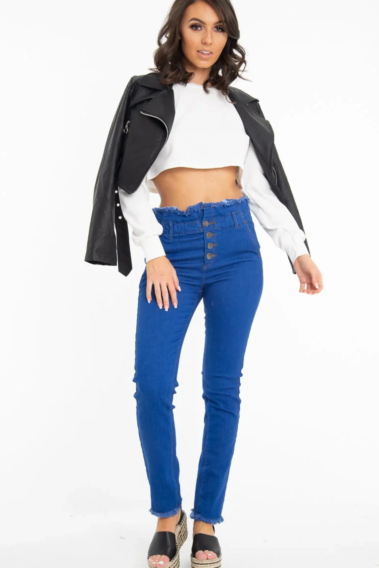 Rebellious Fashion Dark Denim High Waist Frilled Hem Paperbag Jeans - Cataleyah