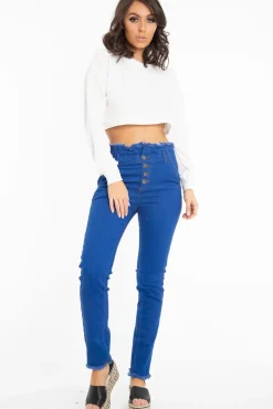 Rebellious Fashion Dark Denim High Waist Frilled Hem Paperbag Jeans - Cataleyah
