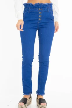 Rebellious Fashion Dark Denim High Waist Frilled Hem Paperbag Jeans - Cataleyah
