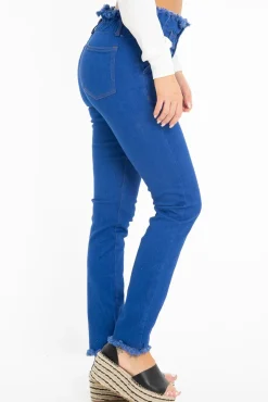Rebellious Fashion Dark Denim High Waist Frilled Hem Paperbag Jeans - Cataleyah