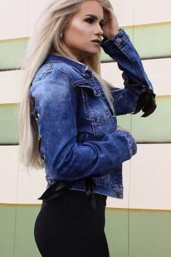 Rebellious Fashion Dark Denim Lace Back Jacket - Kiera