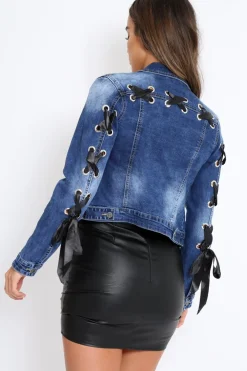 Rebellious Fashion Dark Denim Lace Back Jacket - Kiera