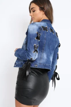 Rebellious Fashion Dark Denim Lace Back Jacket - Kiera