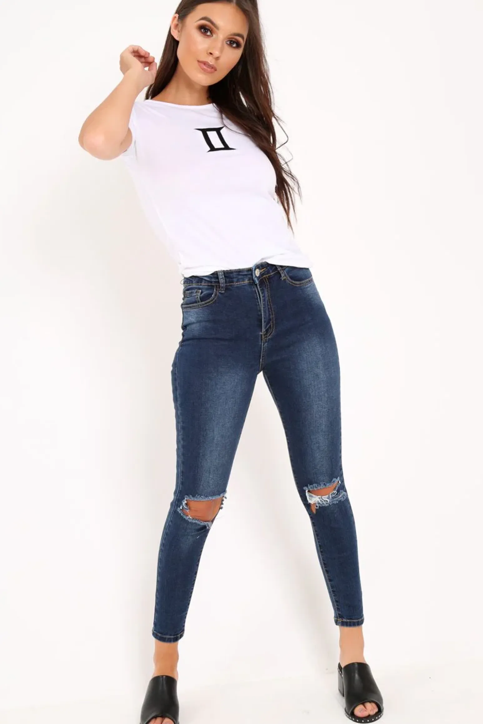 Rebellious Fashion Dark Denim Ripped Knee Skinny Jeans - Eri