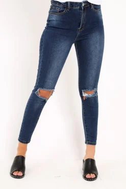 Rebellious Fashion Dark Denim Ripped Knee Skinny Jeans - Eri