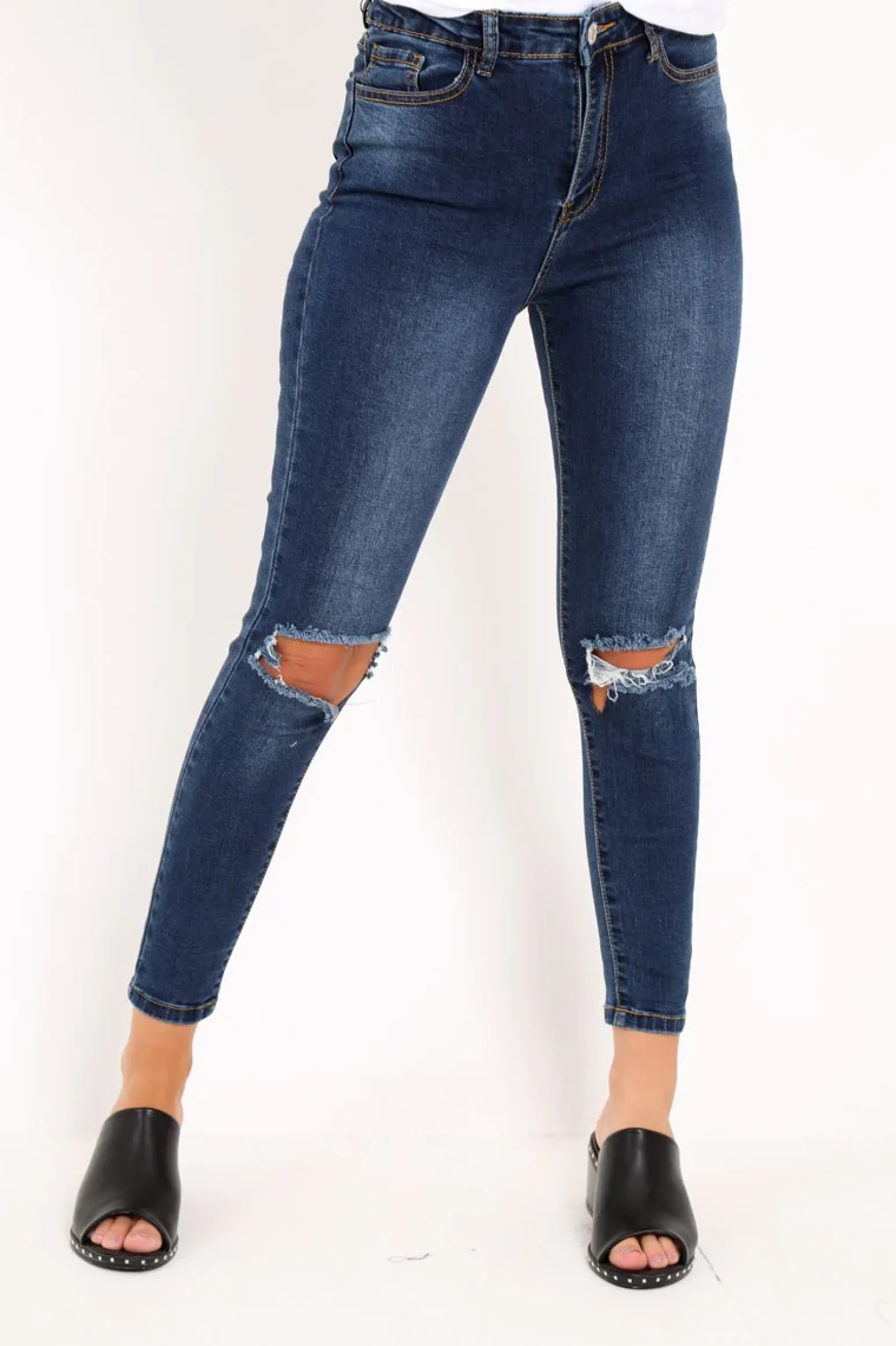 Rebellious Fashion Dark Denim Ripped Knee Skinny Jeans - Eri