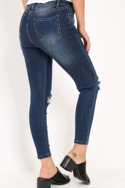 Rebellious Fashion Dark Denim Ripped Knee Skinny Jeans - Eri