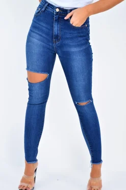 Rebellious Fashion Dark Denim Slash Distressed Skinny Jeans - Jocie