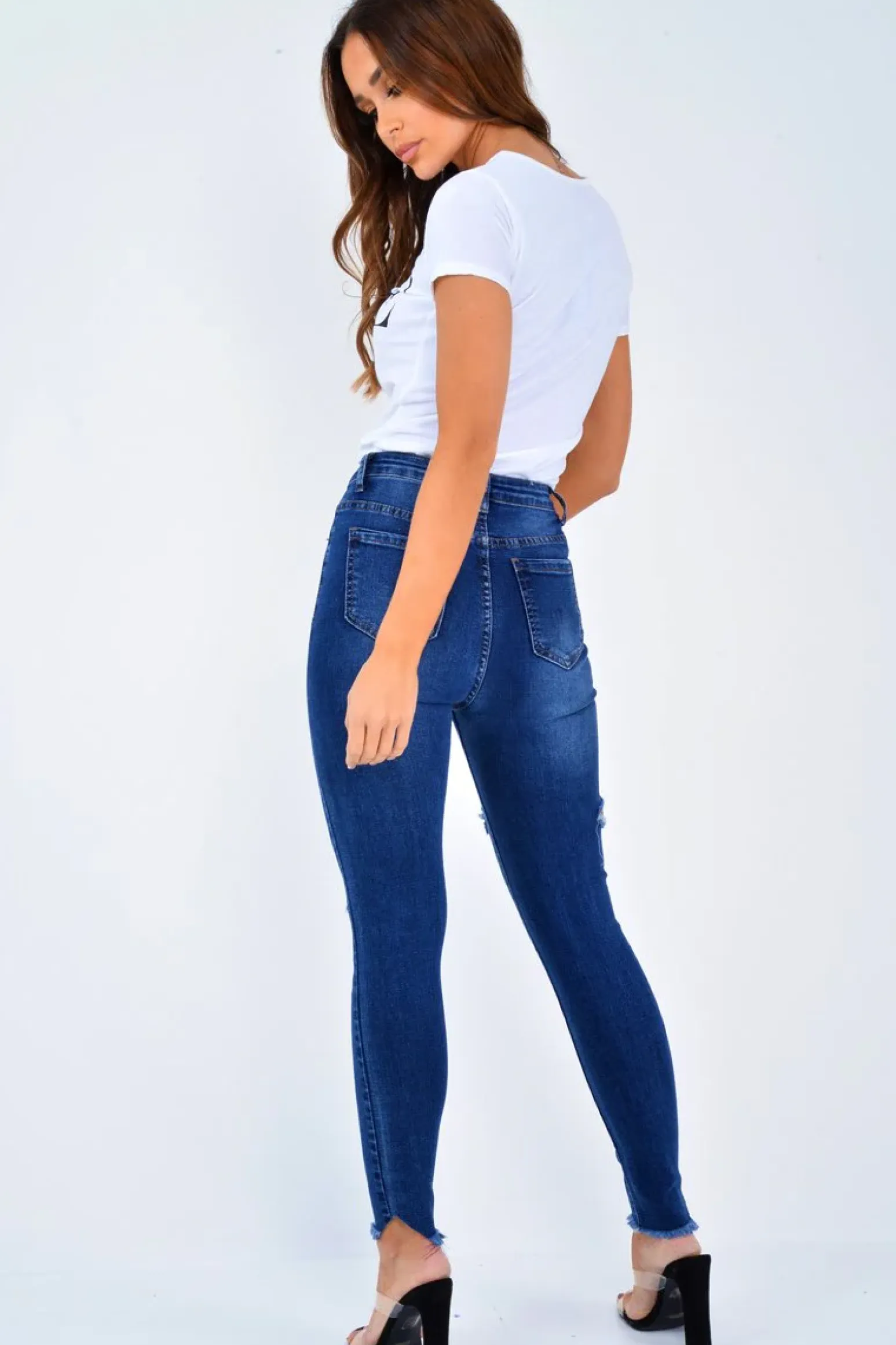 Rebellious Fashion Dark Denim Slash Distressed Skinny Jeans - Jocie
