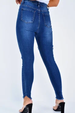 Rebellious Fashion Dark Denim Slash Distressed Skinny Jeans - Jocie