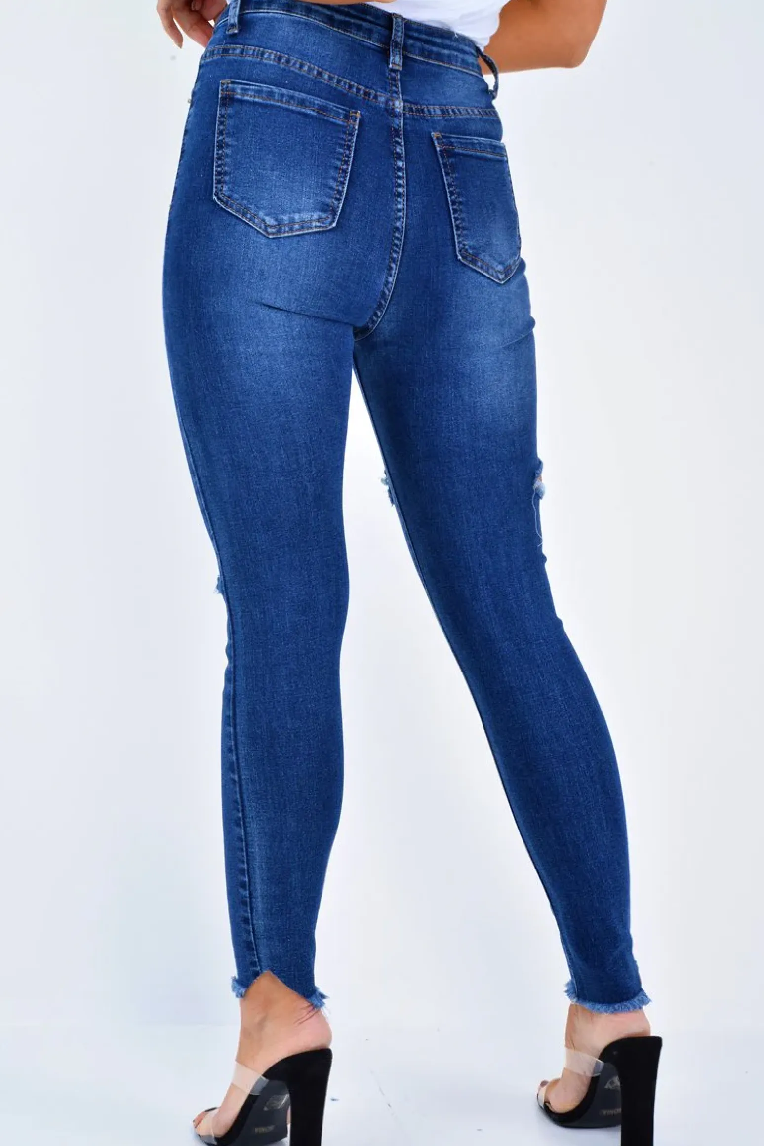 Rebellious Fashion Dark Denim Slash Distressed Skinny Jeans - Jocie