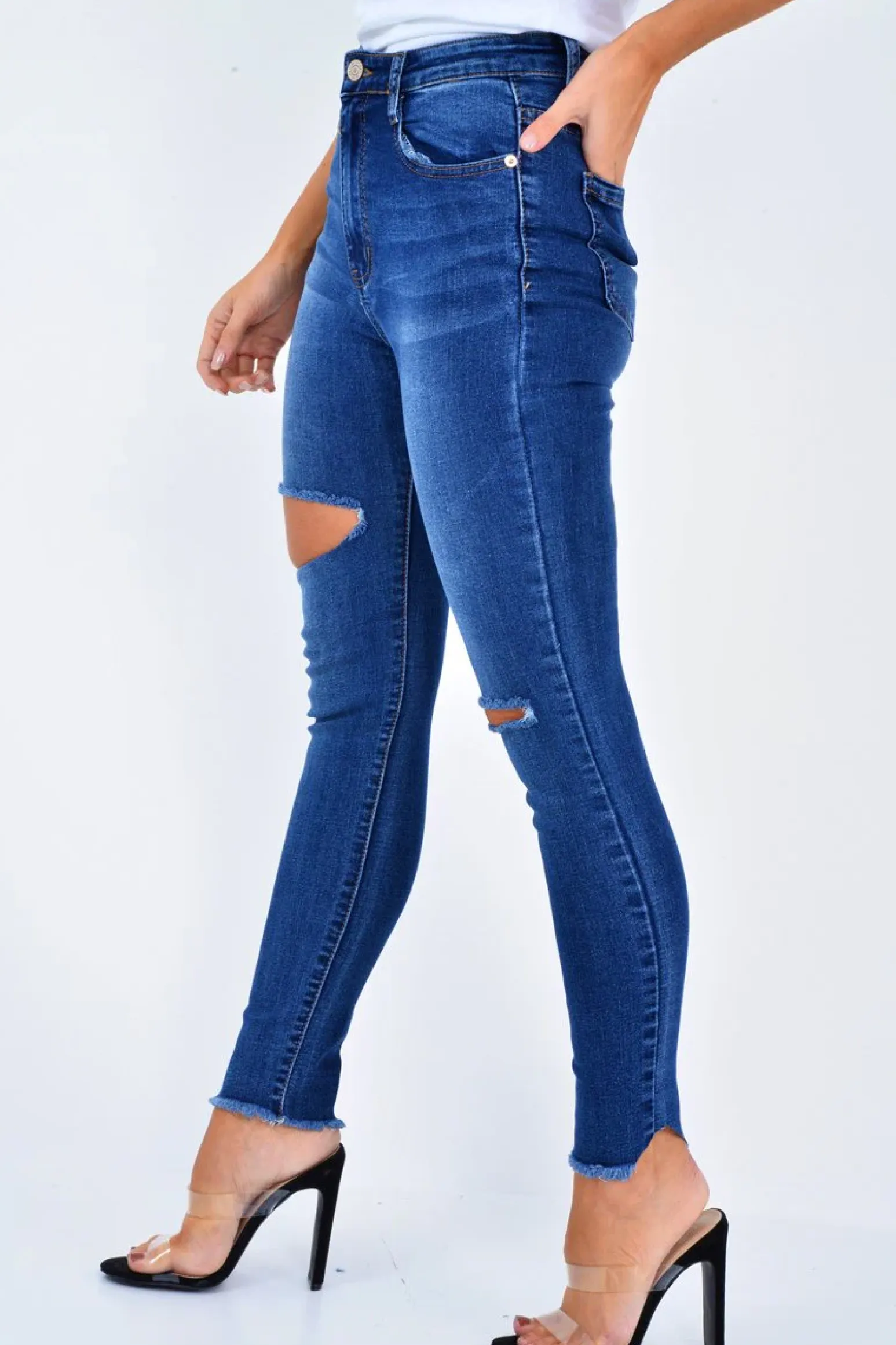 Rebellious Fashion Dark Denim Slash Distressed Skinny Jeans - Jocie
