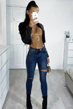 Rebellious Fashion Dark Denim Slash Distressed Skinny Jeans - Jocie