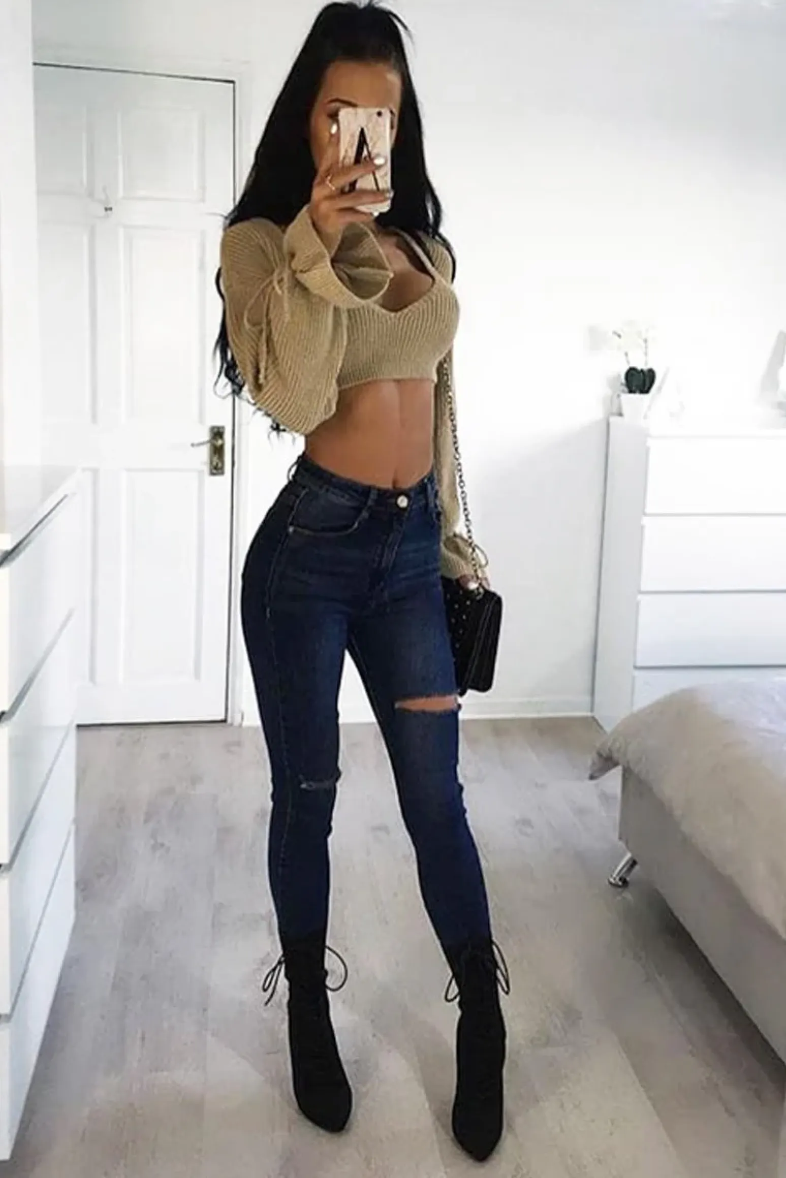 Rebellious Fashion Dark Denim Slash Distressed Skinny Jeans - Jocie