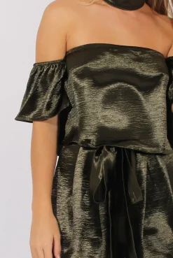 Rebellious Fashion Dark Green Silk Choker Bardot Co-ord - Cari