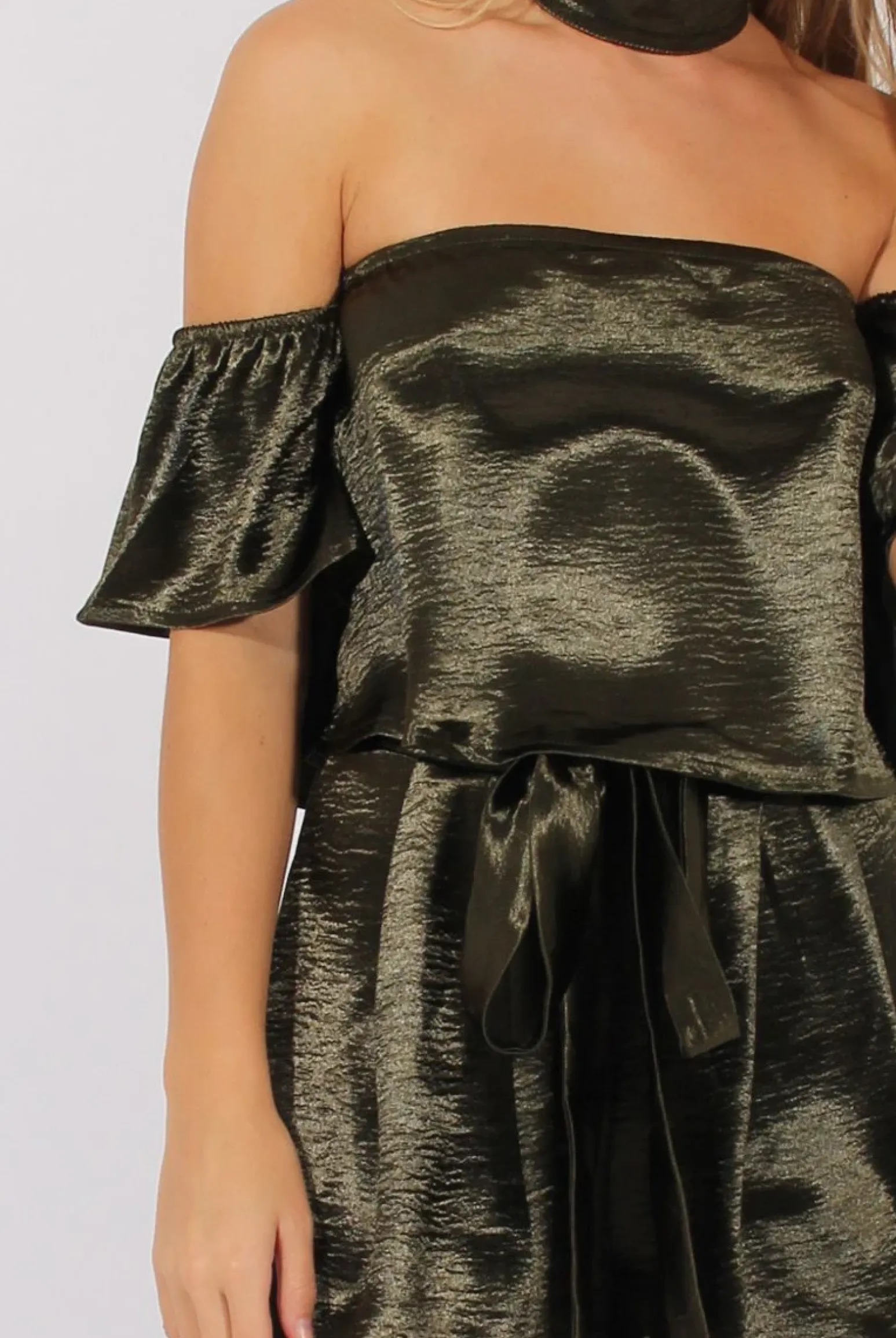 Rebellious Fashion Dark Green Silk Choker Bardot Co-ord - Cari