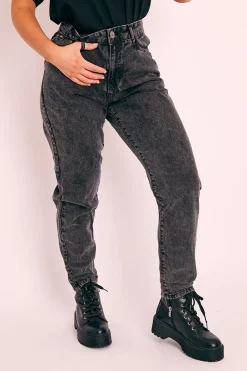 Rebellious Fashion Dark Grey Acid Wash Mom Jeans - Demiya