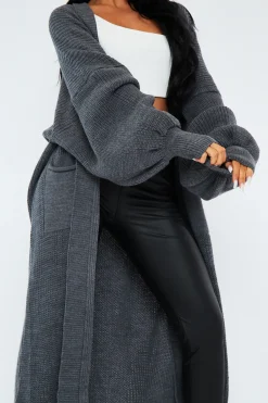 Rebellious Fashion Dark Grey Balloon Sleeve Maxi Knit Cardigan - Imara