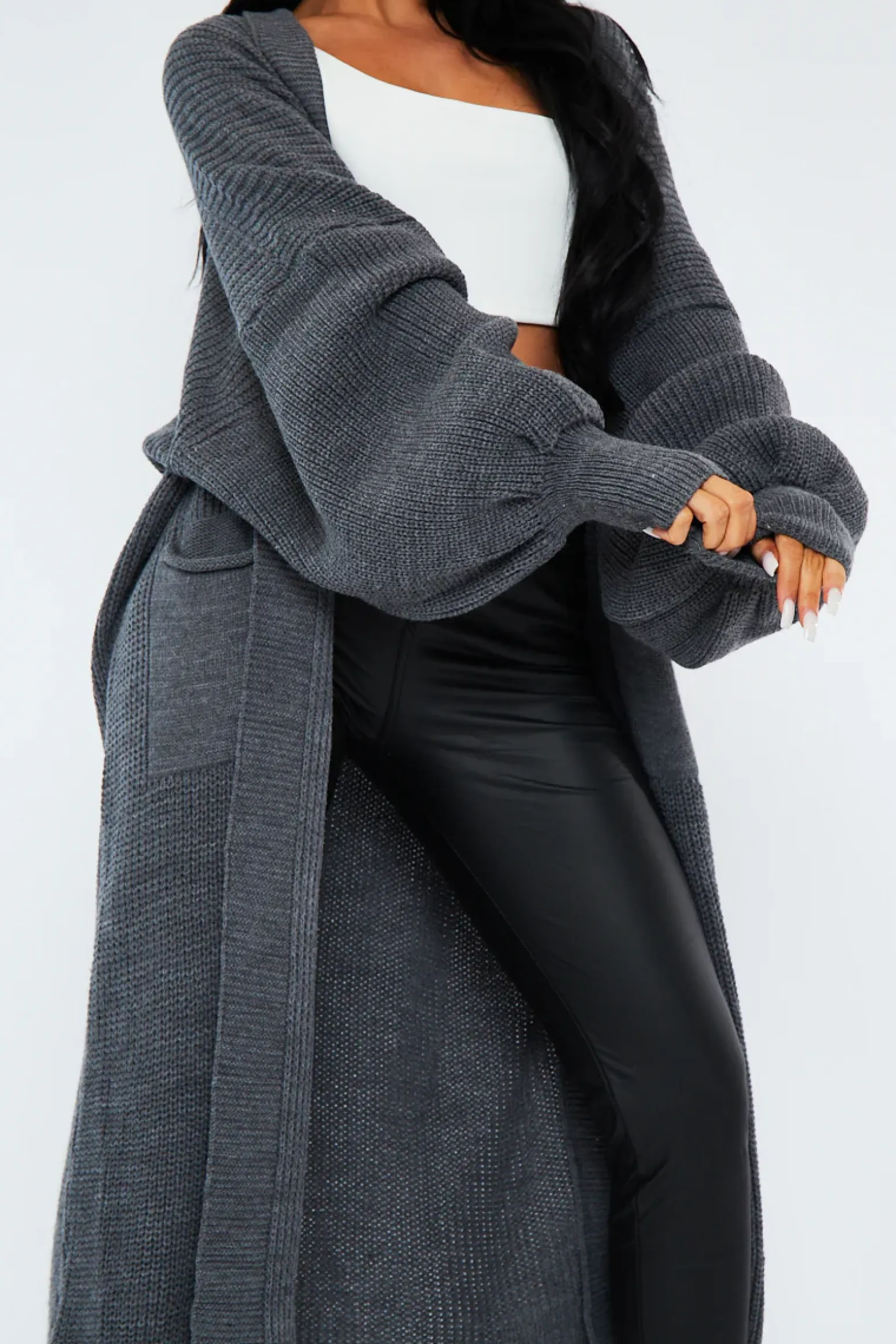 Rebellious Fashion Dark Grey Balloon Sleeve Maxi Knit Cardigan - Imara