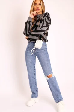 Rebellious Fashion Dark Grey Black Abstract Print Knit Jumper - Palyn
