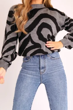 Rebellious Fashion Dark Grey Black Abstract Print Knit Jumper - Palyn