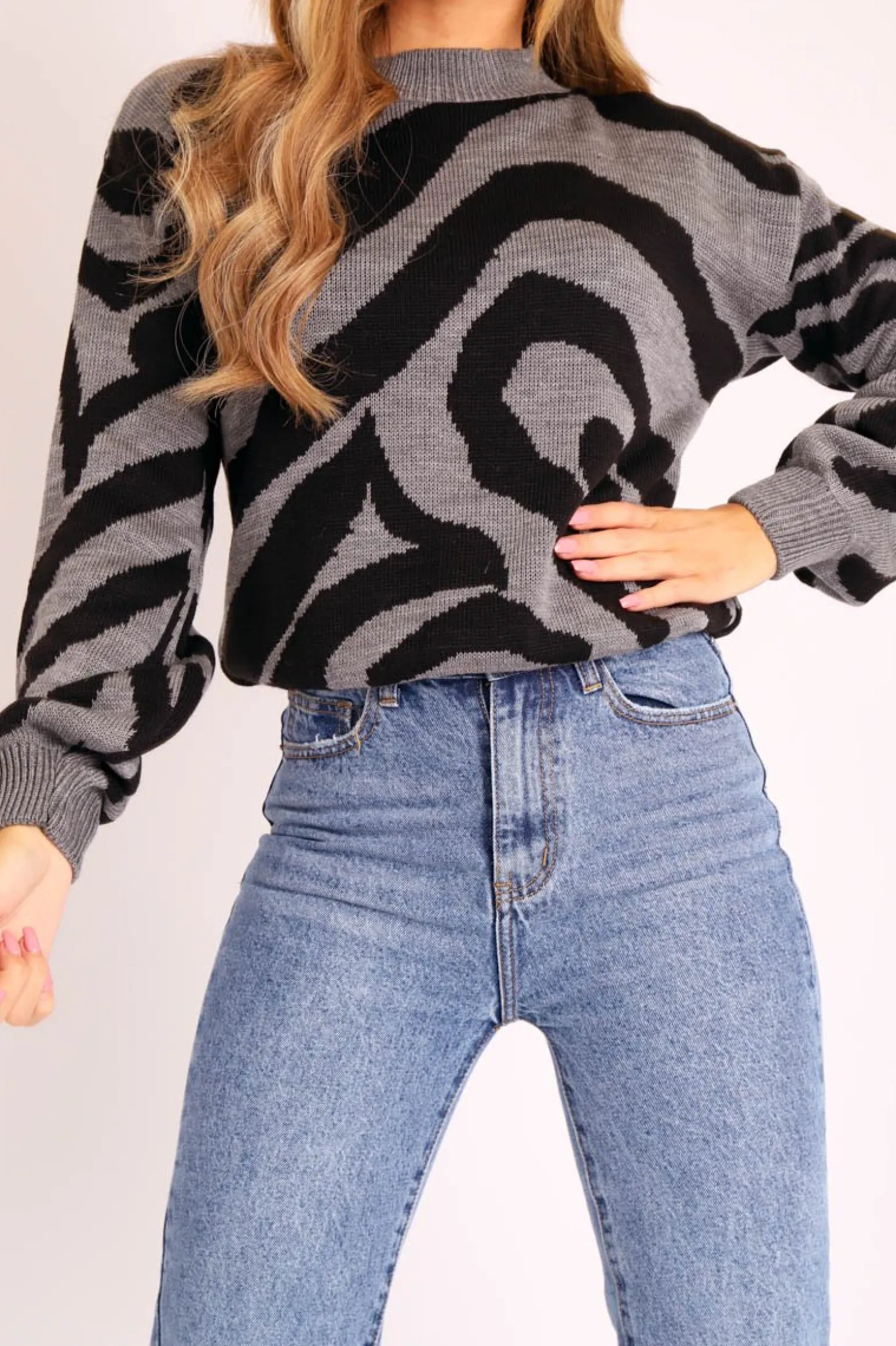 Rebellious Fashion Dark Grey Black Abstract Print Knit Jumper - Palyn