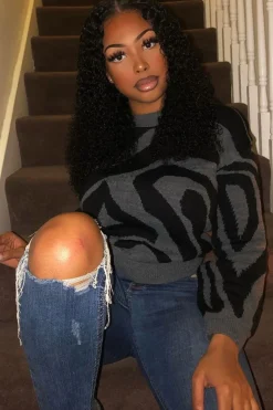 Rebellious Fashion Dark Grey Black Abstract Print Knit Jumper - Palyn