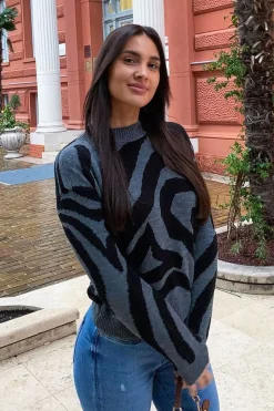 Rebellious Fashion Dark Grey Black Abstract Print Knit Jumper - Palyn