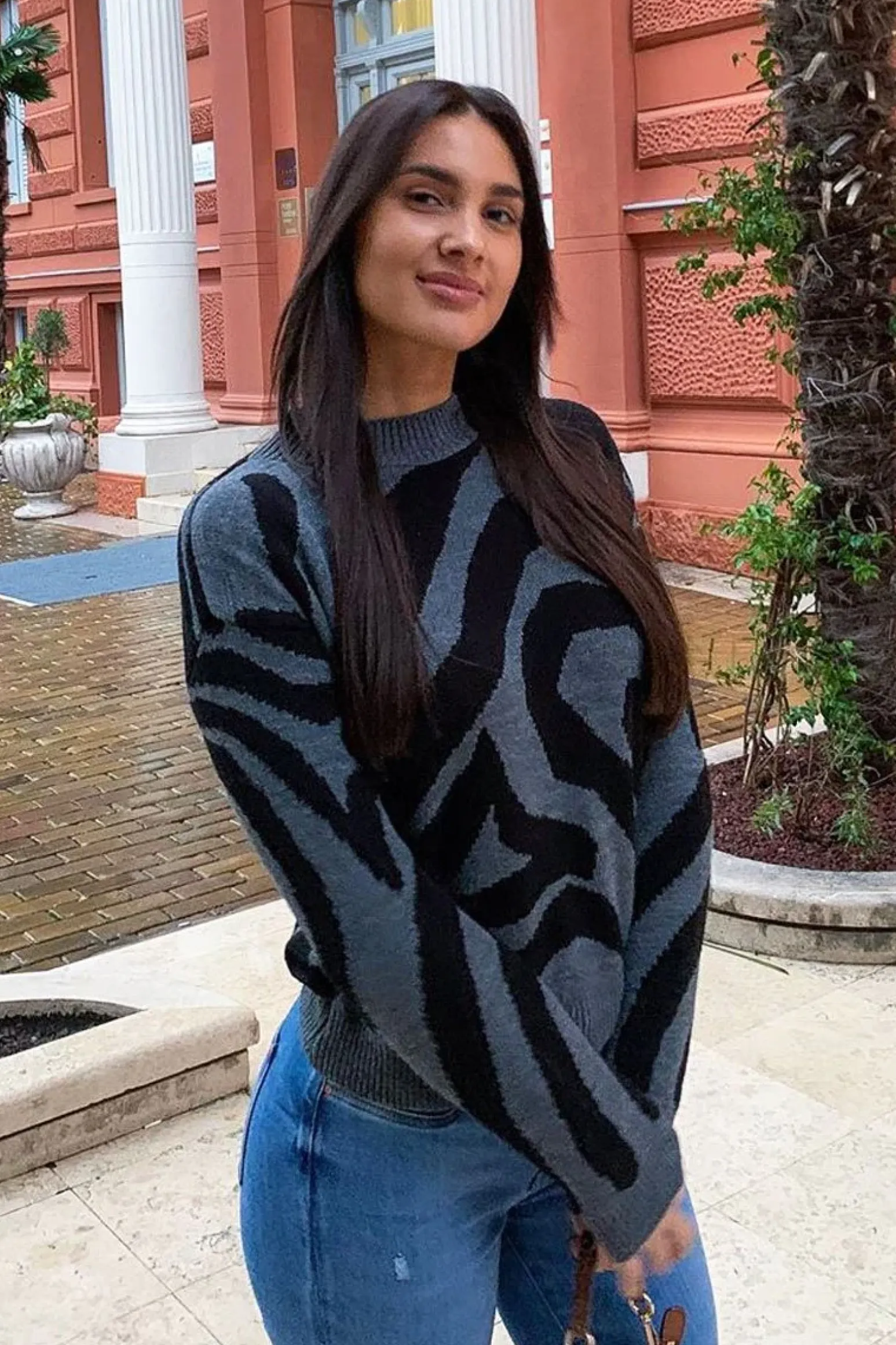 Rebellious Fashion Dark Grey Black Abstract Print Knit Jumper - Palyn
