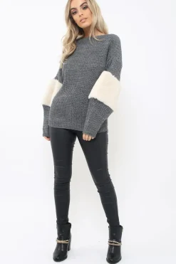Rebellious Fashion Dark Grey Chunky Knit Fur Sleeve Jumper - Kimberly