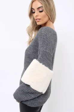 Rebellious Fashion Dark Grey Chunky Knit Fur Sleeve Jumper - Kimberly