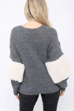 Rebellious Fashion Dark Grey Chunky Knit Fur Sleeve Jumper - Kimberly