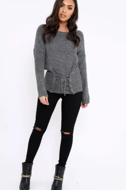 Rebellious Fashion Dark Grey Corset Waist Knitted Jumper - Elizabeth