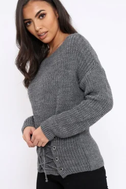 Rebellious Fashion Dark Grey Corset Waist Knitted Jumper - Elizabeth