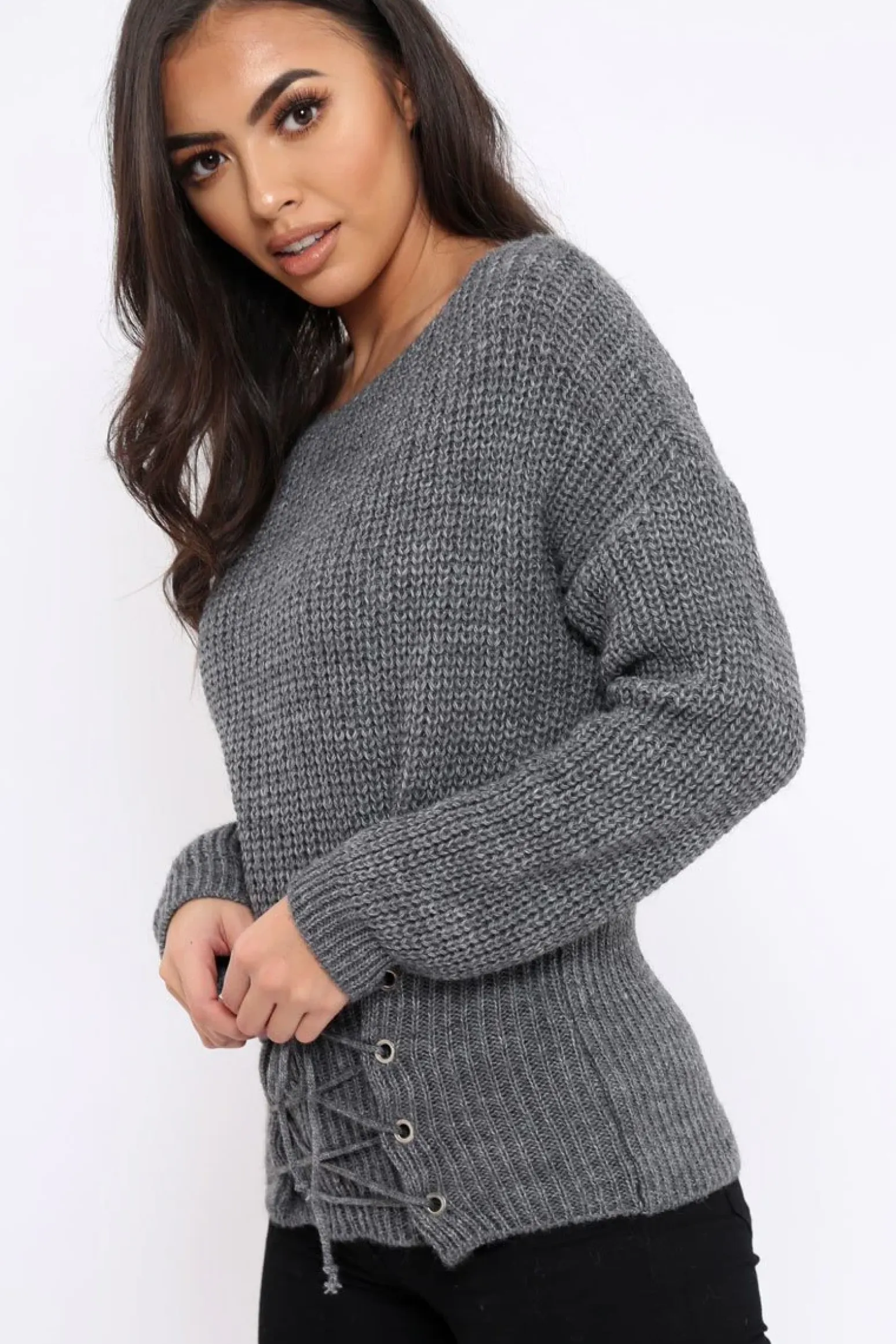 Rebellious Fashion Dark Grey Corset Waist Knitted Jumper - Elizabeth