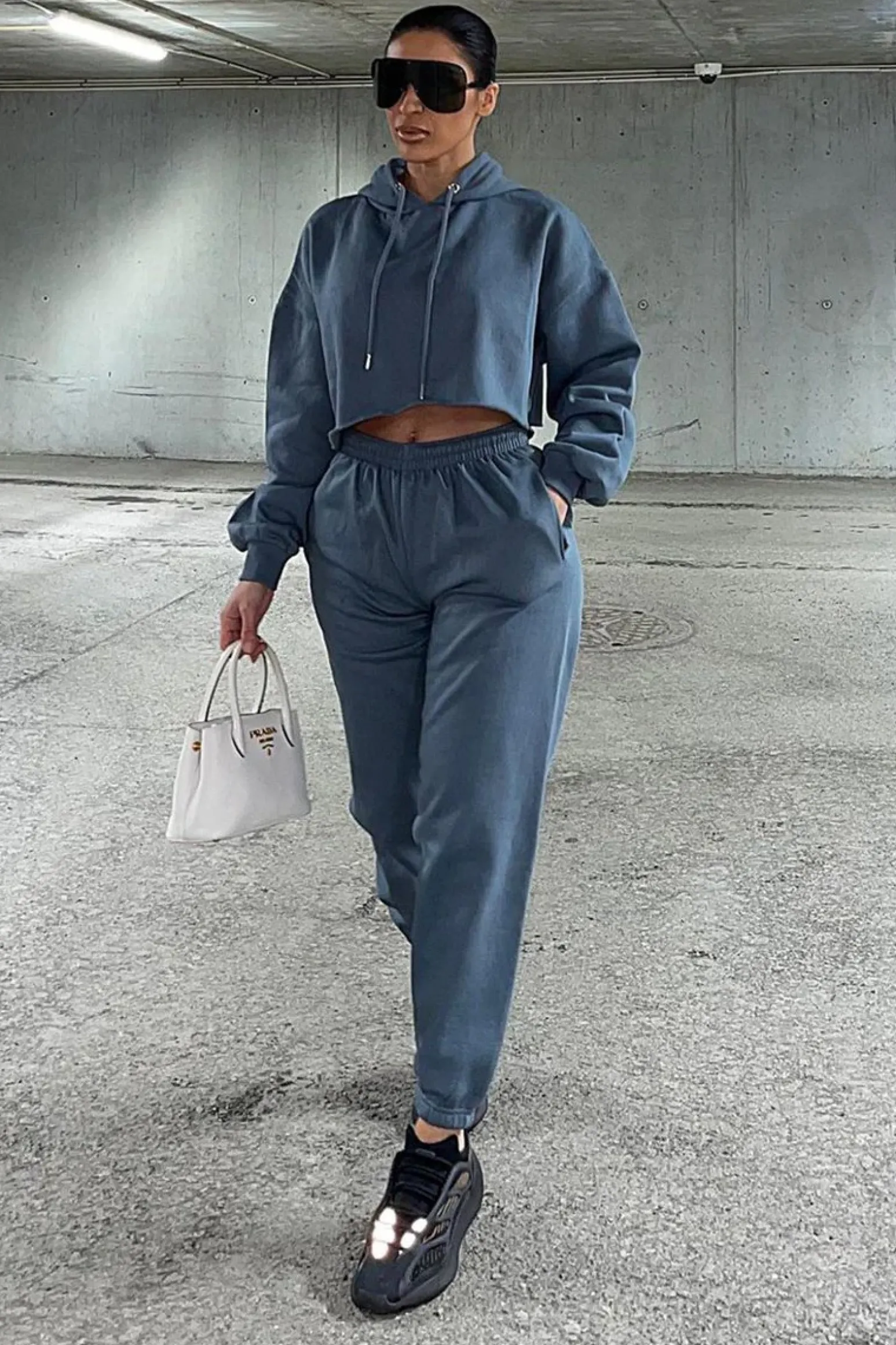 Rebellious Fashion Dark Grey Cropped Oversized Hoodie and Joggers Co-ord - Karenza