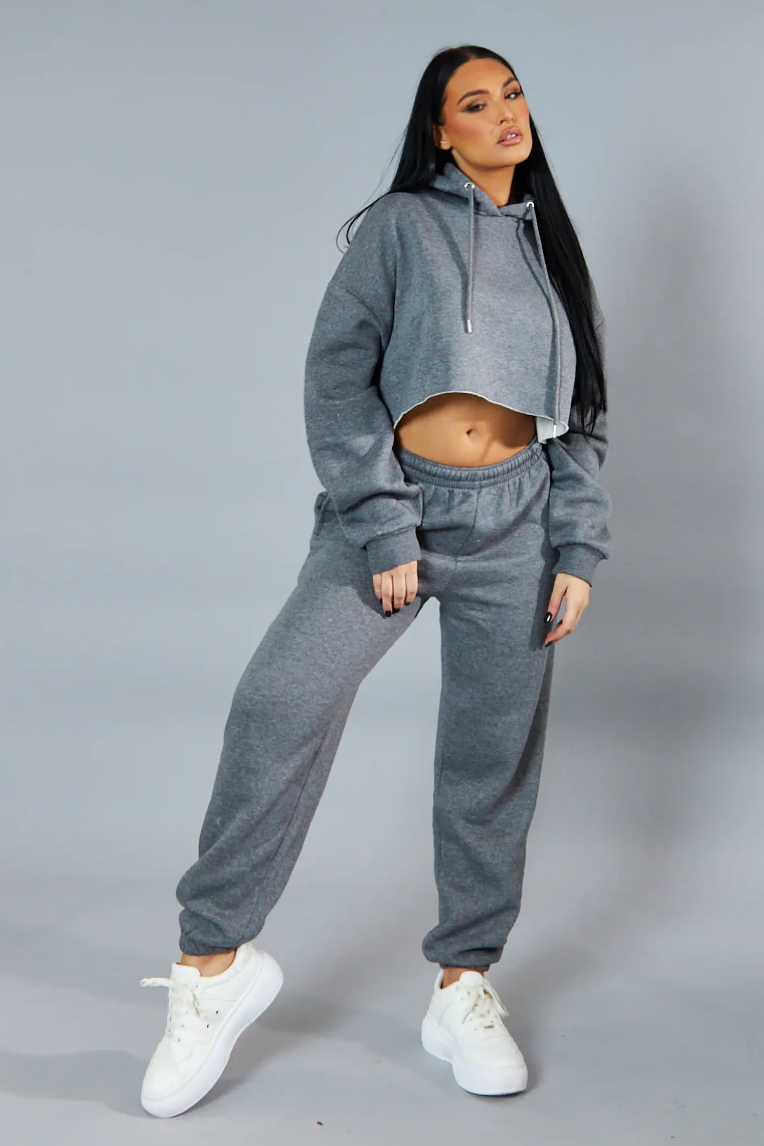 Rebellious Fashion Dark Grey Cropped Oversized Hoodie and Joggers Co-ord - Karenza