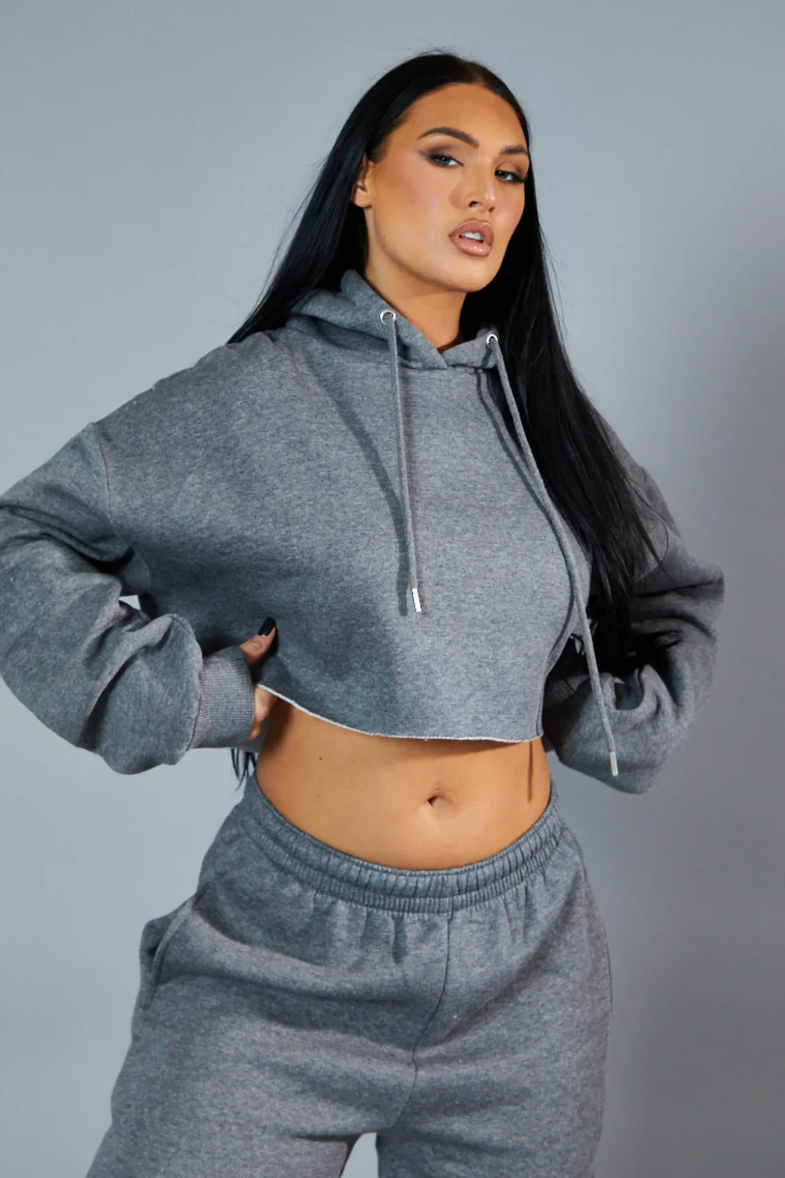 Rebellious Fashion Dark Grey Cropped Oversized Hoodie and Joggers Co-ord - Karenza