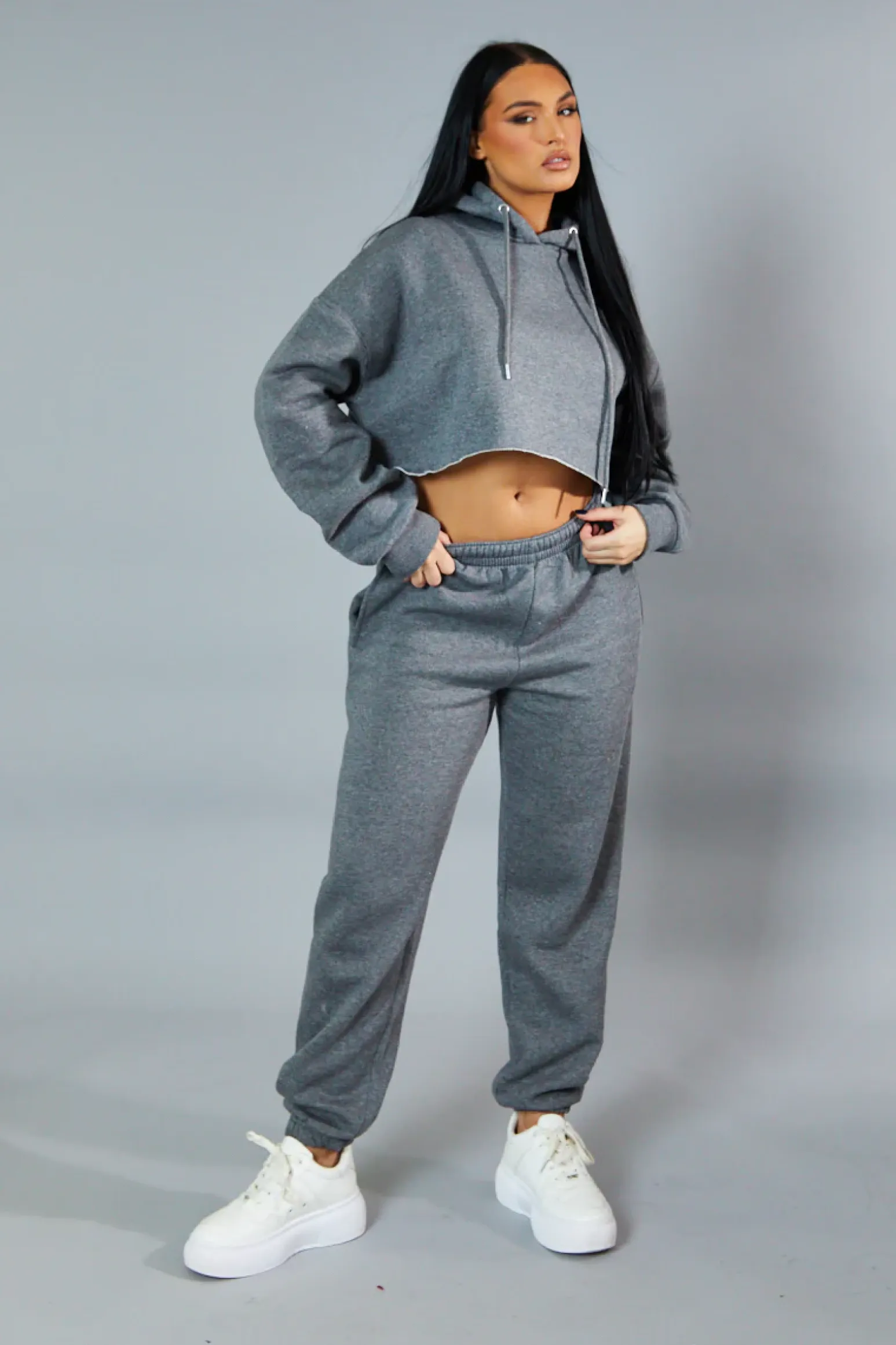 Rebellious Fashion Dark Grey Cropped Oversized Hoodie and Joggers Co-ord - Karenza