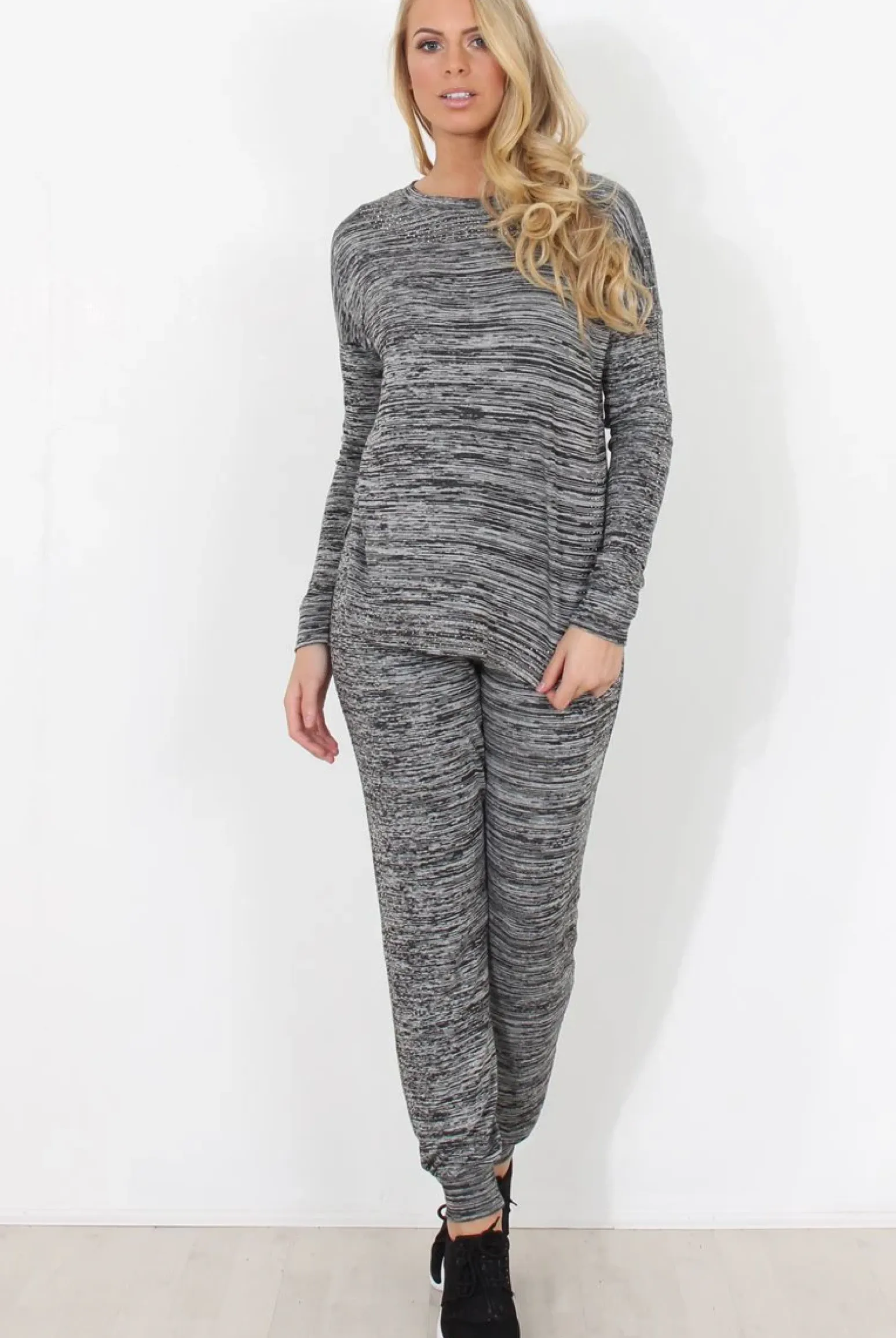 Rebellious Fashion Dark Grey Diamonte Loungewear - Linnea