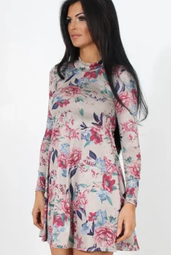 Rebellious Fashion Dark Grey Floral Print Skater Dress-Shyla