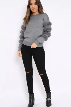 Rebellious Fashion Dark Grey Fur Sleeve Knitted Jumper - Courtnie